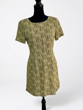 Vintage D.D.CHER Japan Shift Dress Green Abstract Pattern Cupra Lined Sz S/M